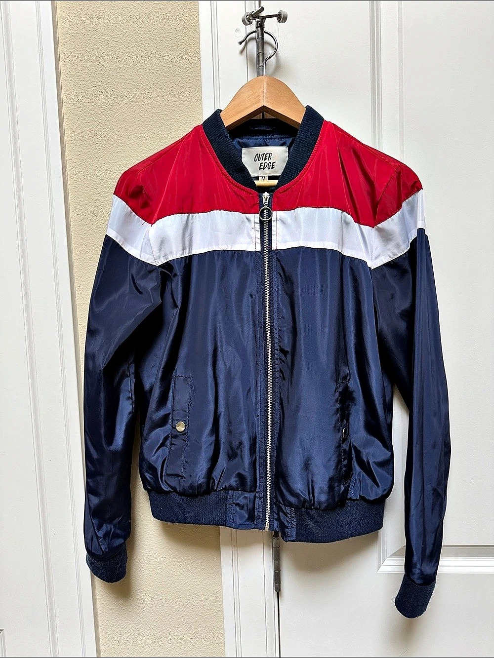 Outer Edge Color Block Bomber Jacket in Blue & Red Size Medium Like New